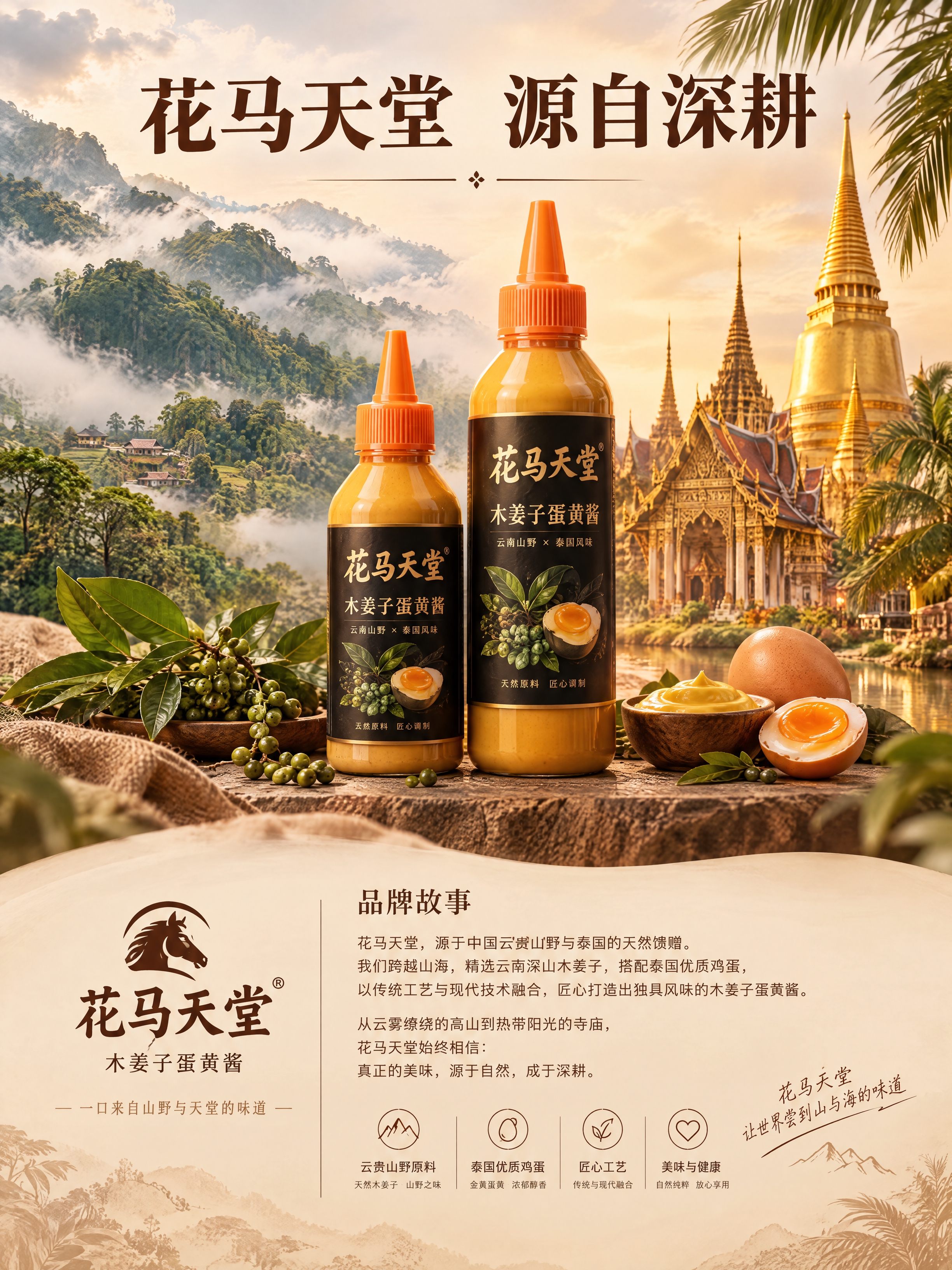 电商详情页品牌故事页，3:4竖版。画面上方是左右融合的背景：左… - 图片创意预览