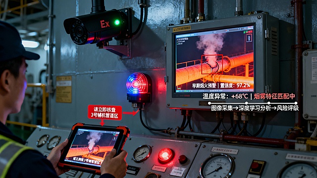 船舶机舱内部，环境光线昏暗，仅由设备仪表盘的冷光与红色安全指示灯提供照明。一台黑色防爆摄像机被牢固安装在金属舱壁高处，其厚重的隔爆外壳带有醒目的“Ex”标志，机身侧面的绿色运行指示灯在潮湿空气中稳定闪烁。

摄像机连接的防爆控制箱屏幕上，界面采用多光谱融合显示模式。主画面中，可见光图像与热成像图层叠加，一处管道接缝旁正泛起初期烟雾，并在热成像侧呈现为扩散的橙红色区域，系统以红色闪烁框精准锁定，旁注“早期烟火预警｜置信度：97.2%”。右侧信息面板实时滚动“温度异常：+68℃｜烟雾特征匹配中”，下方则以简洁流程图展示着“图像采集→深度学习分析→风险评级”的处理链路。

画面左侧，一名值班船员手中的防爆平板正亮起屏幕，弹出红色警报通知，显示同一预警画面及“请立即核查3号辅机管道区”的指引。同时，机舱内的声光报警器开始旋转闪烁，发出红蓝交替的警示光。

整体场景笼罩在典型的船舶工业氛围中，粗粝的金属管道、密集的线缆与潮湿的空气感构成真实背景。克制的科技感仅通过多光谱融合界面、精准的识别框与即时联动的终端响应来呈现，展现了AI防爆系统在复杂恶劣的船舶环境中实现全天候、高精度早期火灾识别与快速预警的可靠价值。