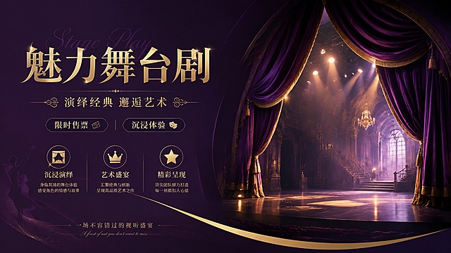 古典奢华舞台剧海报，融合现代感与金属风，金色文字与紫色帷幕营造庄重氛围，光影交错呈现沉浸式艺术体验。