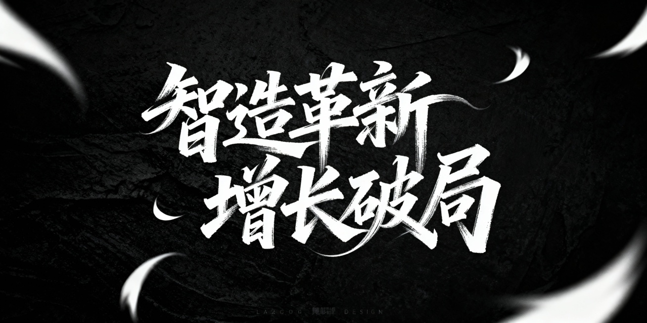 黑底白字，书法连笔潇洒飘逸灵动字体设计“智造革新  增长破局”，草书字体狂野奔放，长笔画，视觉张力富有动感，笔画流畅飘逸，笔画巧妙延长变形，飞白效果，字体大小变化，错位排版。干净背景，肌理质感背景，大预览效果