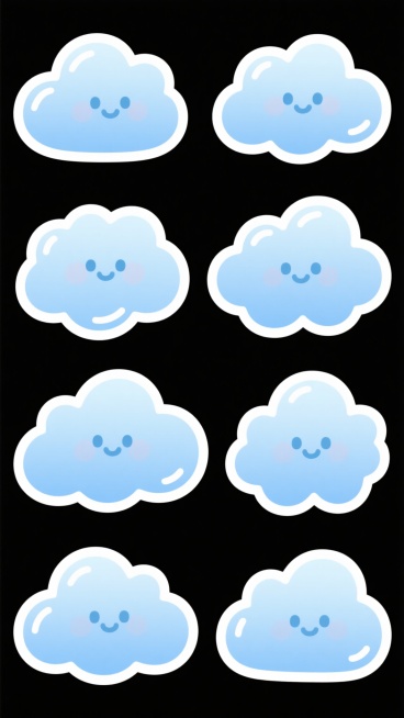 一套8个不同形态的卡通云朵，保持原有的清新手绘风格，柔和的渐变蓝色调，边缘有白色高光，蓬松可爱的质感，每个云朵都有独特的轮廓和结构变化，整体统一在简洁明快的视觉效果中，白色背景，无其他元素干扰。预览效果
