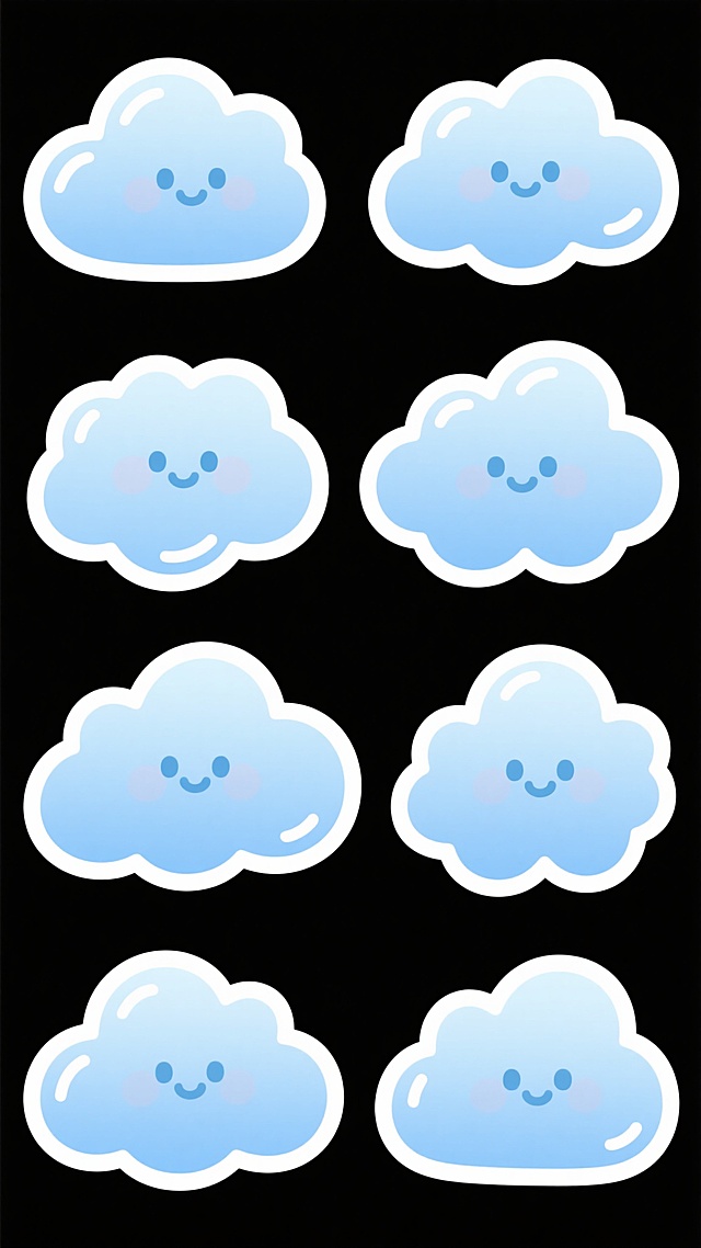 一套8个不同形态的卡通云朵，保持原有的清新手绘风格，柔和的渐变蓝色调，边缘有白色高光，蓬松可爱的质感，每个云朵都有独特的轮廓和结构变化，整体统一在简洁明快的视觉效果中，白色背景，无其他元素干扰。