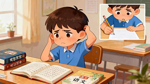 贴近生活的写实偏卡通风格情景插图，画面里的小男孩坐在书桌前，对着摊开的成语词典和语文课本皱着眉头、抓耳挠腮，一脸苦恼的样子。旁边的小画面里他正咬着铅笔头盯着空白的作文本发愁，整体画面真实展现孩子学习语文时死记硬背、写作文凑不出内容的状态，色调温暖贴近家庭场景，能让家长产生共鸣。