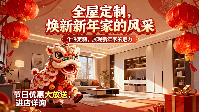 3D国潮风融合现代家居，重拟物浮雕狮舞跃动，红金配色营造浓厚喜庆感，中式元素与现代设计碰撞，展现新年家的璀璨风采。