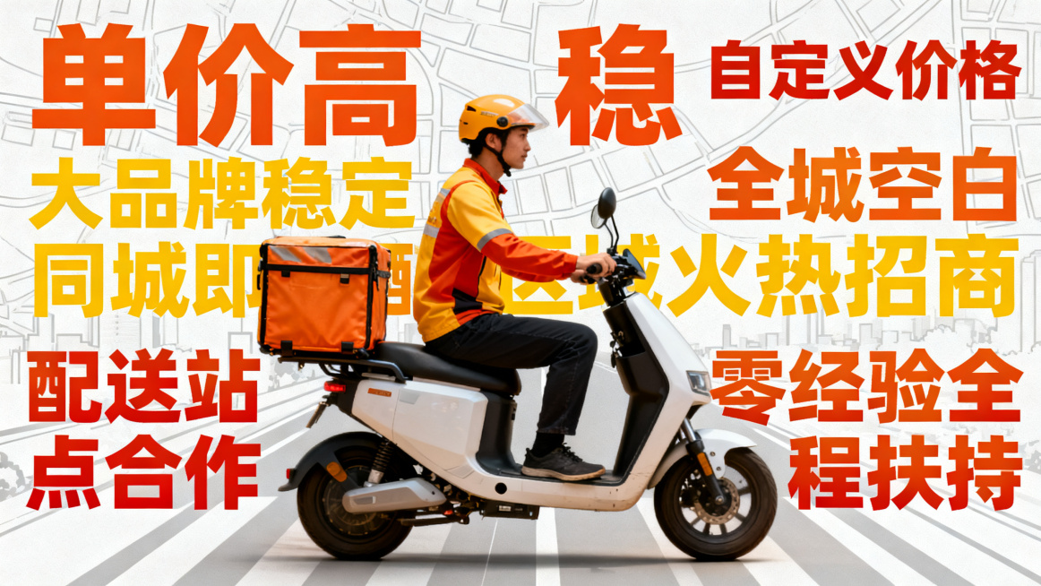 城市配送站点合作招商宣传海报，现代商务风格，画面醒目突出核心文案："单价高" "稳" "自定义价格" "大品牌稳定" "同城即时配送" "全城空白区域火热招商" "配送站点合作" "零经验全程扶持"，预览效果