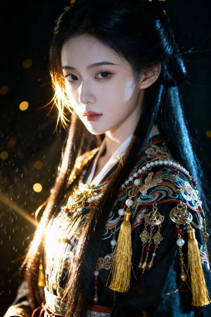 真人写实摄影，少女，妖冶，达尔丁效应，瓜子脸，冷白皮，战国袍，华丽，多装饰，长头黑发预览效果