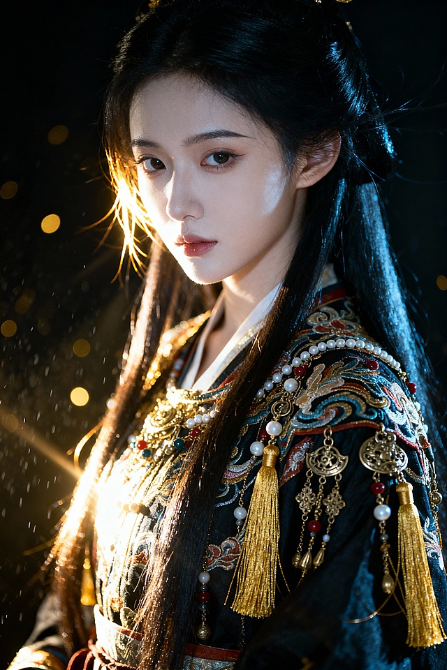 真人写实摄影，少女，妖冶，达尔丁效应，瓜子脸，冷白皮，战国袍，华丽，多装饰，长头黑发