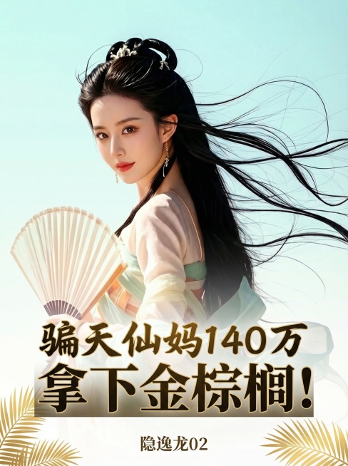 保留原图人物，将背景天空向下延伸为淡青到米白的纯色渐变，底部留白；在人物侧方添加醒目标题，上行小字为'骗天仙妈140万'，下行大字为'拿下金棕榈！'，字体采用粗体书法字与现代黑体混搭，颜色为暗金色带轻预览效果