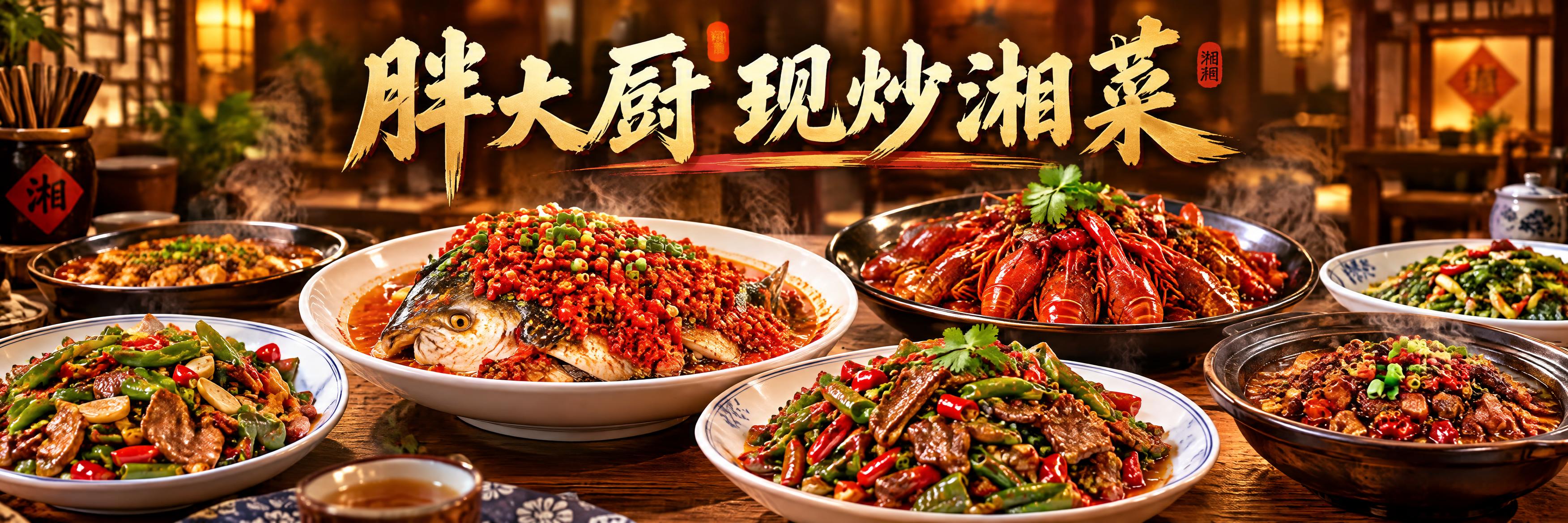 湘菜餐厅横版海报设计，店名"胖大厨现炒湘菜"，超宽横版构图，画… - 图片创意预览