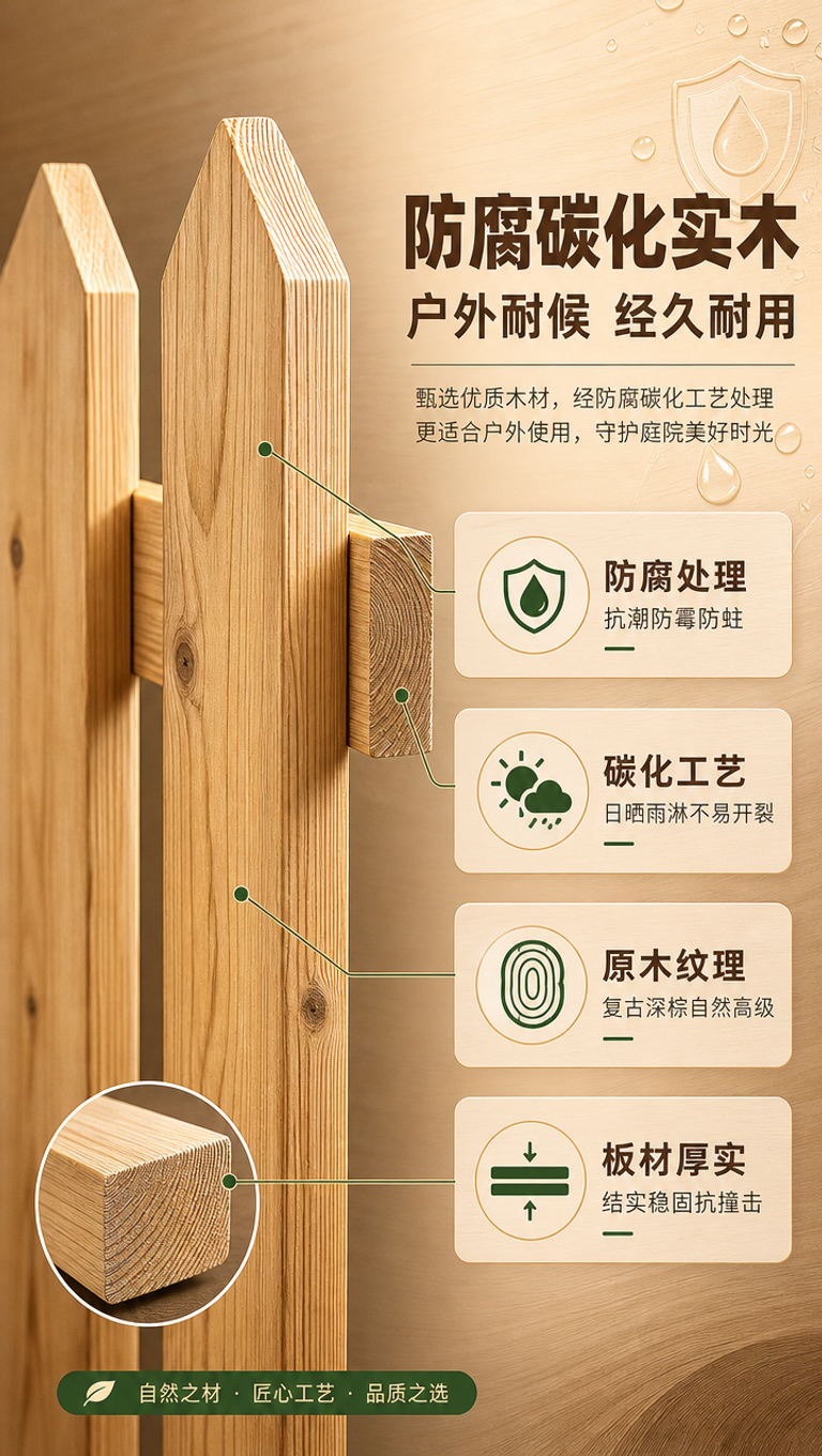 [商品] 使用【图1】原木色尖桩防腐碳化木实木围栏；保留尖桩造… - 图片创意预览