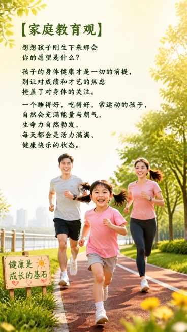 画面内容：一对现代青年中国父母陪伴着一个中国小女儿，一家三口一起做户外运动，氛围温馨快乐，充满活力。核心表达孩子身体健康最重要的家庭教育观，整体画面阳光温暖，充满生命力。在图片合适位置清晰书写正确中文预览效果