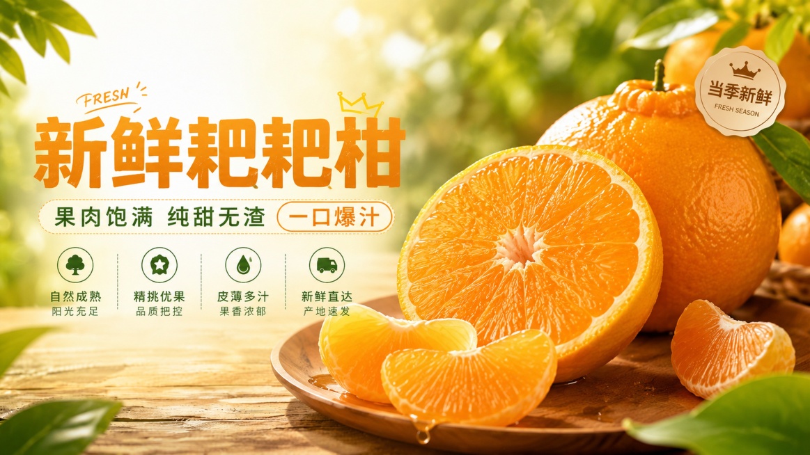 生鲜鲜果商业摄影海报，参考原图版式，左侧文案分区，右侧耙耙柑主图。主标题为"新鲜耙耙柑"，副标题为"果肉饱满 纯甜无渣 一口爆汁"，四个卖点标签：自然成熟、精挑优果、皮薄多汁、新鲜直达，右上角标注"当预览效果