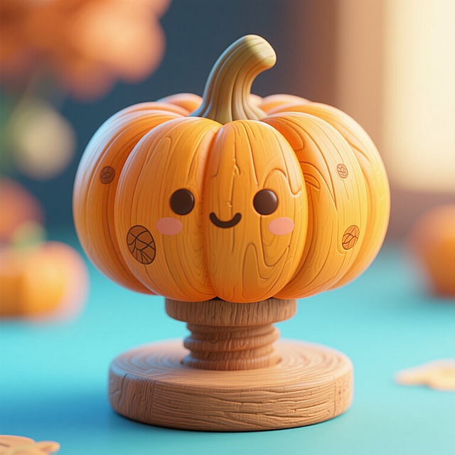 一个3D卡通风格的木头南瓜塞子，主体为南瓜形状，木质纹理清晰，表面有自然的木纹和细微的木结，颜色为温暖的橙黄色，带有木头的自然光泽，造型圆润可爱，底部平整，整体呈现出软萌的3D卡通质感