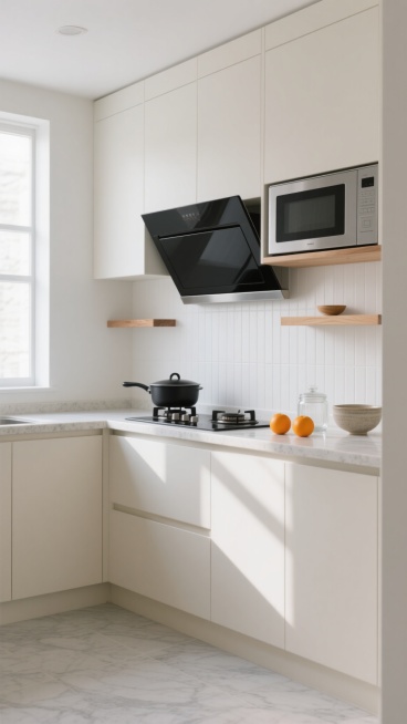 极简主义风格的现代厨房，整体采用米白色哑光橱柜与浅灰色大理石台面，搭配原木色开放搁板，嵌入式黑色抽油烟机与银色微波炉位于灶台上方，台面摆放黑色锅具、两个橙色水果、透明玻璃罐和陶瓷碗，白色竖纹瓷砖墙面，自然光透过窗户形成柔和的光影效果洒在地面，整体氛围简洁明亮、干净整洁，具有高级的空间层次感和现代家居美学。预览效果