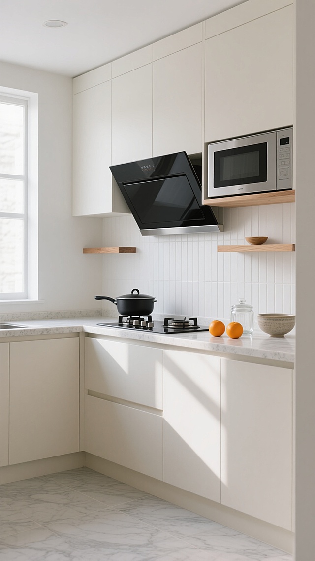 极简主义风格的现代厨房，整体采用米白色哑光橱柜与浅灰色大理石台面，搭配原木色开放搁板，嵌入式黑色抽油烟机与银色微波炉位于灶台上方，台面摆放黑色锅具、两个橙色水果、透明玻璃罐和陶瓷碗，白色竖纹瓷砖墙面，自然光透过窗户形成柔和的光影效果洒在地面，整体氛围简洁明亮、干净整洁，具有高级的空间层次感和现代家居美学。
