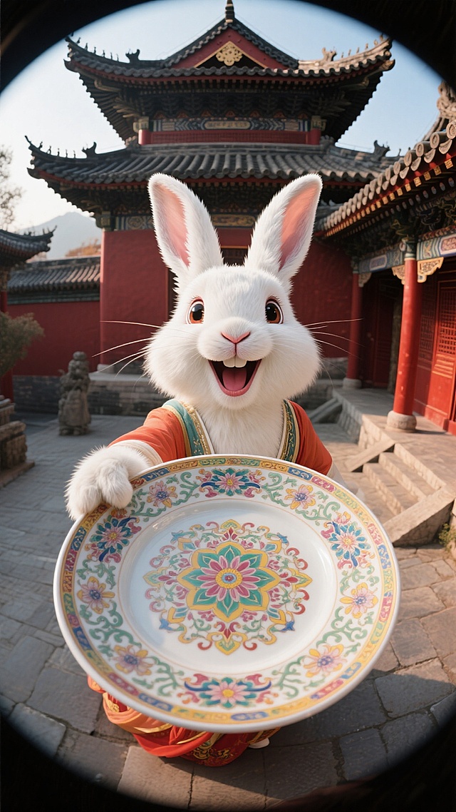 俯瞰全景摄影，一只拟人化的嫦娥白兔，脸怼镜头大笑，右手拿着巨大的中式花纹的盘子向前伸到镜头前面（居中特写盘子），周围是中式古建筑，球形超广角，暖色调