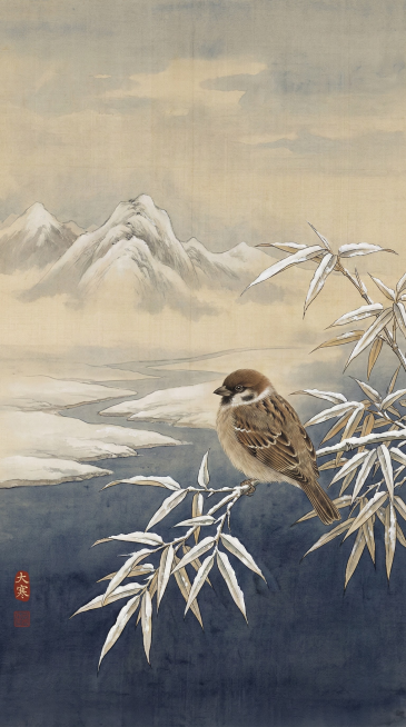 工笔国画风格手机壁纸，大寒节气，精致细节，画面主体为一只羽毛蓬松的麻雀站立在积雪的竹枝上，竹叶染白，背景是若隐若现的雪山与冰河，角落有红色篆刻印章“大寒”二字，色彩淡雅（花青、赭石、墨色为主），画面宁预览效果