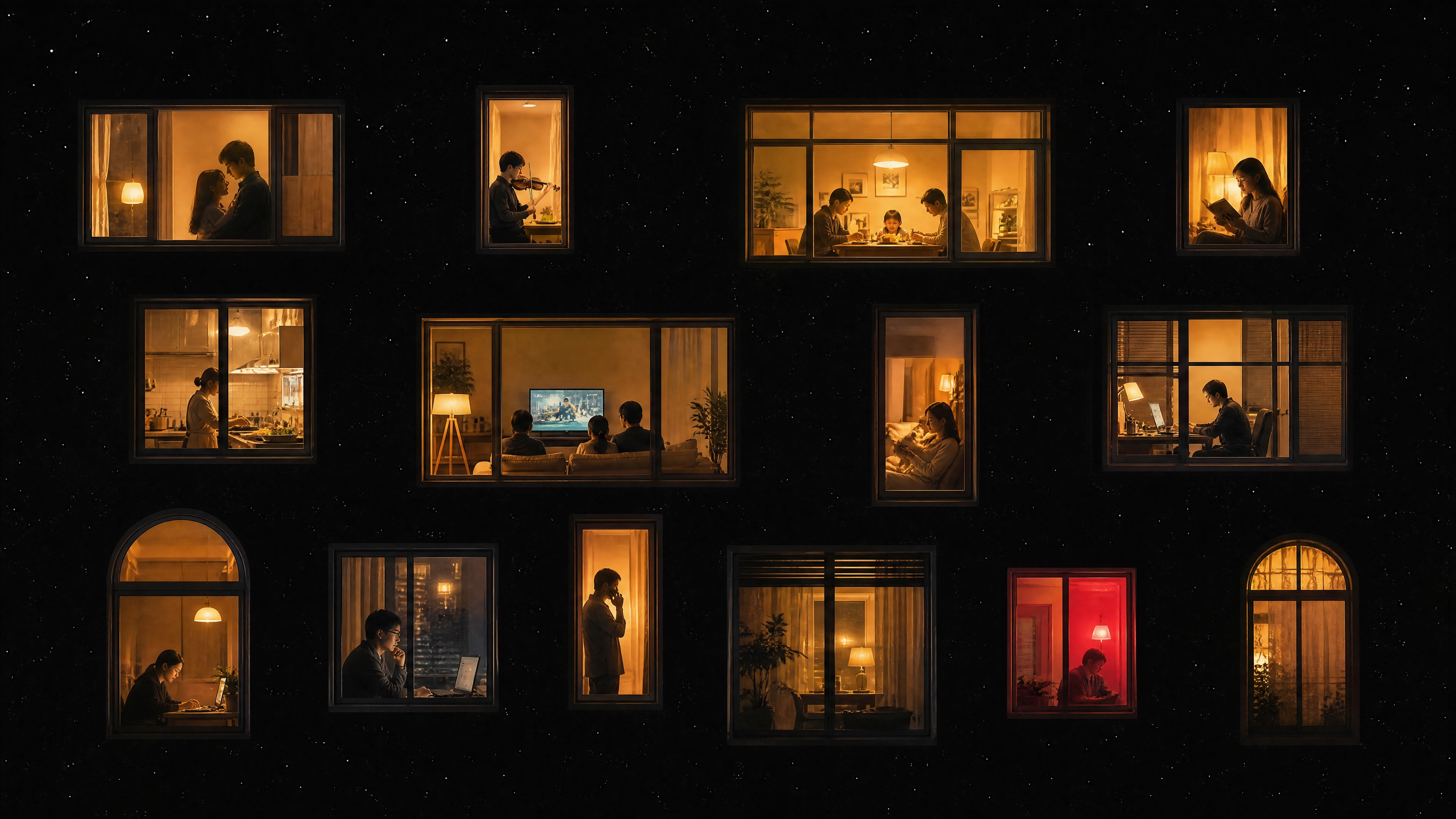 横版构图，夜晚城市公寓楼外立面，黑色星空背景布满白色星点，多扇… - 图片创意预览