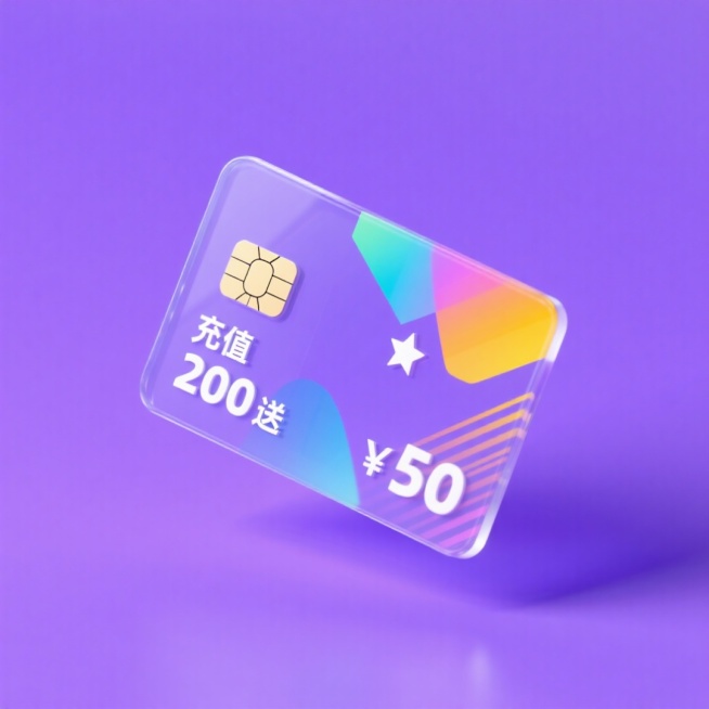 一个悬浮的卡片形带芯片的消费卡，文案 “充值 200 送 50”，时尚图案点缀元素包含了几何图形、渐变色彩块、星星图案、条纹图案等元素，紫色背景。预览效果