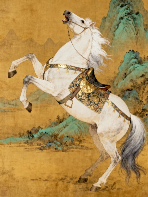 古画发黄的质感画面，发黄的画面，柔光感，工笔重彩画风格，平面淡彩感，高大健壮白马匹呈站立姿态，温柔的马，两个前蹄扬起向上，头部高昂嘶鸣，写实结构效果，马尾是白灰渐变，马鬃毛尾白灰渐变，马鬃飘逸，多毛发预览效果