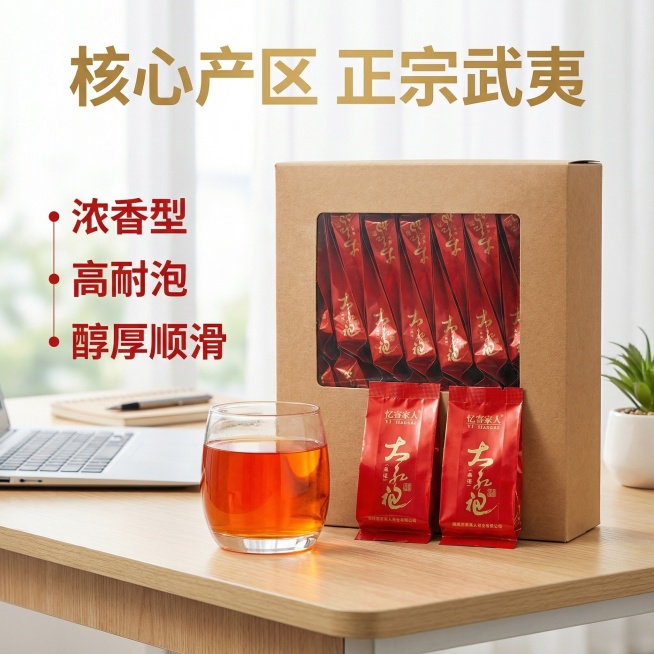 [主图 2] 核心卖点展示：[主图主题] 武夷大红袍核心卖点特写，产品外观必须与原图100%保持一致。[氛围/风格] 真实质感办公场景，简约专业。[画面元素] 一杯泡好的大红袍茶汤放置在前景，茶汤橙红预览效果