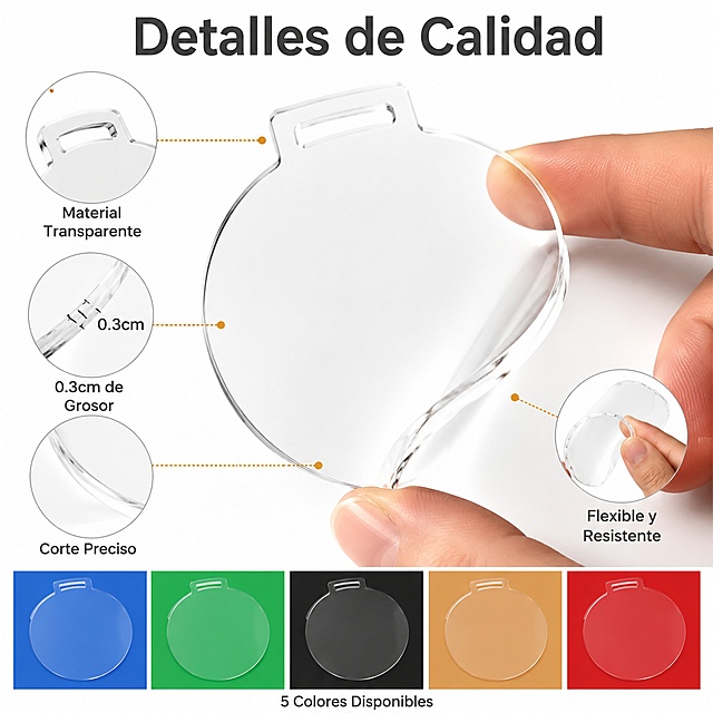 [主图-4] Detalles del material de la etiqueta acrílica transparente
[氛围风格] Primer plano profesional, resalta detalles de calidad
[画质] Ultra claridad, primer plano con foco nítido, textura del material claramente visible
[元素] Primer plano de la etiqueta acrílica transparente: se muestra la textura delgada del material, la transparencia, el corte liso del borde, y la precisión de la ranura de la pestaña. Una mano dobla ligeramente la etiqueta para mostrar la flexibilidad sin romperse. Incluye muestra de los 5 colores disponibles en la parte inferior. **Mantener la textura y color del material consistentes con las imágenes de entrada, procesamiento detallado del primer plano**. El detalle ocupa el 70% de la imagen
[光影] Luz lateral de contorno, resalta el grosor y transparencia del material, sombra suave para mostrar el volumen
[配色] Fondo blanco puro, material transparente, colores de muestra vivos
[视角构图] Primer plano centrado, foco en el borde y ranura de la etiqueta
[文字版式] Título superior "Detalles de Calidad" en letra grande, puntos de detalle alrededor: "Material Transparente", "0.3cm de Grosor", "Corte Preciso", "Flexible y Resistente" en letras pequeñas. Todo el texto en español
[比例分辨率] 1:1, 4K resolución, detalles claros
[负向提示词] deformación, texto desordenado, producto borroso, fondo desordenado, marca de agua, Logotipo de plataforma de comercio electrónico