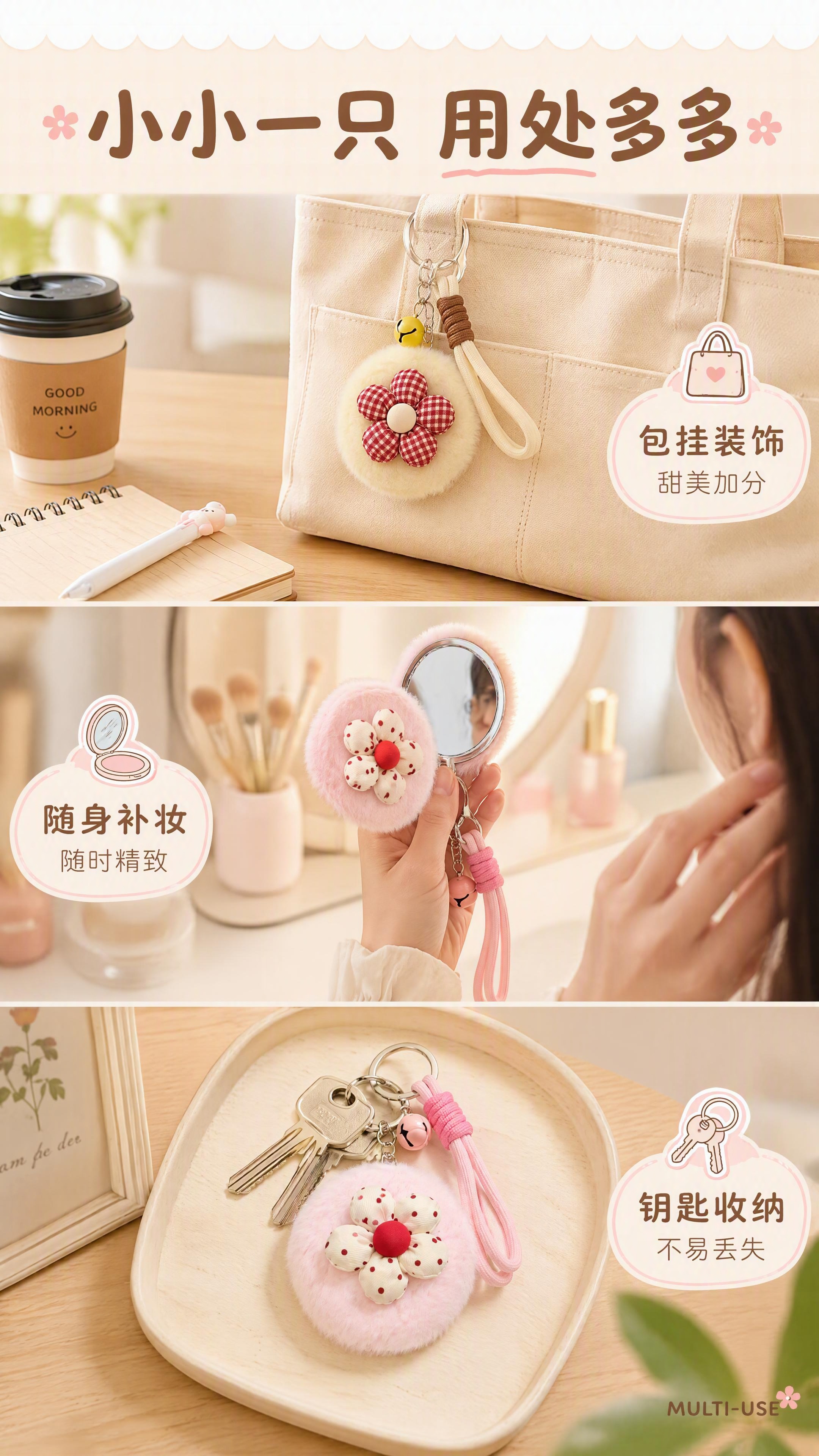 [第5张] 详情页使用场景页-挂包/补妆/钥匙收纳三种日常使用… - 图片创意预览