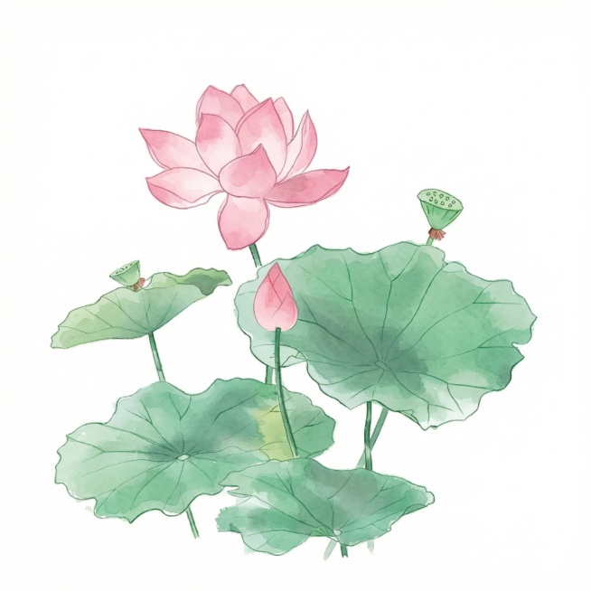 参考原图生成一张类似的水彩荷花插画，保持清新淡雅的水彩风格，粉色荷花搭配绿色荷叶莲蓬，白色背景，线条干净柔和，配色和构图类似原图预览效果