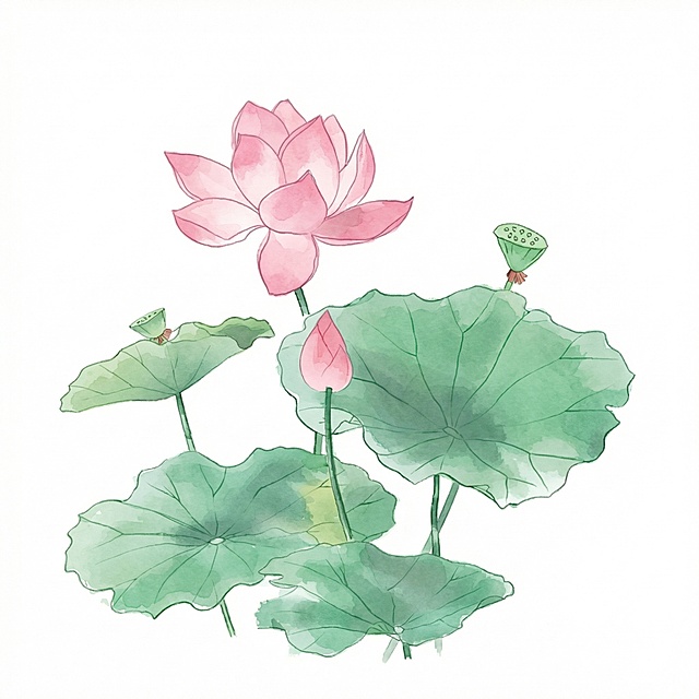 参考原图生成一张类似的水彩荷花插画，保持清新淡雅的水彩风格，粉色荷花搭配绿色荷叶莲蓬，白色背景，线条干净柔和，配色和构图类似原图