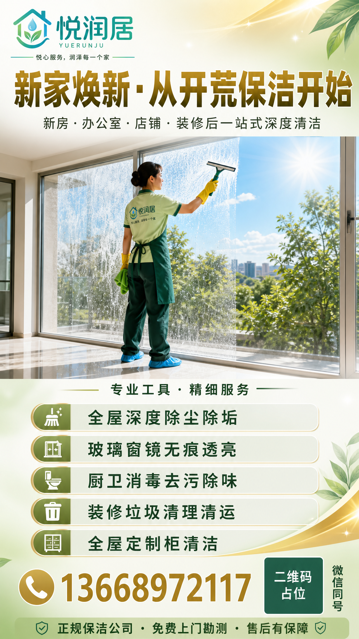一张竖版开荒保洁服务宣传海报，9:16比例，浅绿色与金色渐变为… - 图片创意预览