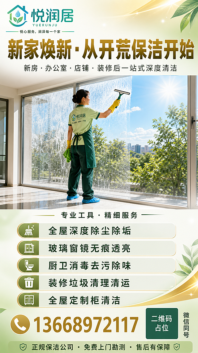 一张竖版开荒保洁服务宣传海报，9:16比例，浅绿色与金色渐变为主色调，整体清新专业、干净明亮，版式精美。

【顶部区域】
- 左上角放置「悦润居 YUERUNJU」Logo（房屋水滴绿叶图形+悦润居中文+YUERUNJU英文+下方 slogan「悦心服务，润泽每一个家」），Logo 风格与参考图一致，蓝绿渐变，白底透明底均可。
- Logo 右侧/下方为顶部标题区：
  - 主标题大字：「新家焕新·从开荒保洁开始」，粗黑体，金色或深蓝色，醒目大气。
  - 副标题：「新房·办公室·店铺·装修后一站式深度清洁」，字号较小，深灰色或墨绿色。

【中间主视觉】
- 画面中心是写实摄影风格的保洁阿姨清洁擦窗场景：阿姨站在明亮的室内，身穿统一保洁工服、戴鞋套，手持玻璃刮正在擦大面积落地窗；玻璃一半已擦亮一半未擦，形成明显对比；窗外可见阳光、绿树和蓝天，光线通透自然。
- 主视觉图片下方加一行小字：「专业工具·精细服务」。

【下方服务区】
- 服务项目以图标+文字形式整齐排列，共5条：
  1. 🧹 全屋深度除尘除垢
  2. 🪟 玻璃窗镜无痕透亮
  3. 🚽 厨卫消毒去污除味
  4. 🗑️ 装修垃圾清理清运
  5. 全屋定制柜清洁
- 每行图标居左，文字清晰易读，整体排列整齐，有浅底色卡片或分隔线区分。

【底部行动区】
- 联系电话大字：「13668972117」，金色或深绿色加粗。
- 电话旁或下方有一个纯色方块二维码占位符，方块中央标注「二维码占位」文字，旁边标注「微信同号」。
- 最底部一行小字：「正规保洁公司·免费上门勘测·售后有保障」。

【整体风格】
- 主色：浅绿色 + 金色渐变，环保清新，干净专业。
- 标题用粗黑体，正文用黑体/微软雅黑风格。
- 画面层次分明，留白舒适，文字清晰可读，所有信息区域内容完整填充，无空白占位。
- 画面中所有二维码区域使用纯色方块占位符呈现，方块中央标注「二维码占位」文字，严禁生成任何可识别的二维码图案。
- 画面中所有信息区域、服务列表、联系方式区等必须填充完整合理的内容，不得出现空白框、空白占位、横线待填写区域、空列表项、空单元格。

画面中必须完整呈现以下文字信息：
- 主标题：「新家焕新·从开荒保洁开始」
- 副标题：「新房·办公室·店铺·装修后一站式深度清洁」
- 服务项目：「全屋深度除尘除垢」「玻璃窗镜无痕透亮」「厨卫消毒去污除味」「装修垃圾清理清运」「全屋定制柜清洁」
- 辅助文案：「专业工具·精细服务」「正规保洁公司·免费上门勘测·售后有保障」「微信同号」
- 电话：「13668972117」
- Logo文字：「悦润居」「YUERUNJU」「悦心服务，润泽每一个家」

画面中所有数字必须精确渲染，不得错位、遗漏或编造。