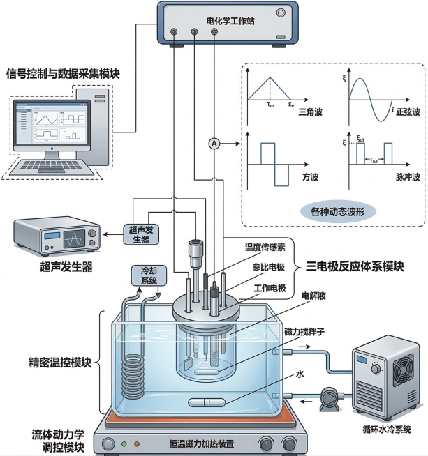 科研论文用的超声动态波形合成系统示意图，energy storage-Render风格，参照原图结构绘制，系统包含四大核心模块：信号控制与数据采集模块（集成电化学工作站与上位计算机）、三电极反应体系模预览效果