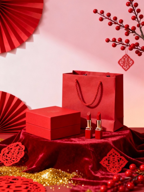 礼盒套装展示图
 
核心提示词：商业产品摄影，红色方形礼盒与红色手提袋置于红色丝绒布上，旁边摆放两支红管口红，背景为浅粉色渐变墙面，装饰红色纸扇、红色剪纸、金色闪粉和带红色浆果的枝条，整体氛围奢华喜庆预览效果
