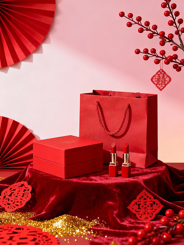 礼盒套装展示图
 
核心提示词：商业产品摄影，红色方形礼盒与红色手提袋置于红色丝绒布上，旁边摆放两支红管口红，背景为浅粉色渐变墙面，装饰红色纸扇、红色剪纸、金色闪粉和带红色浆果的枝条，整体氛围奢华喜庆，充满新春气息，8K超高清，写实风格。