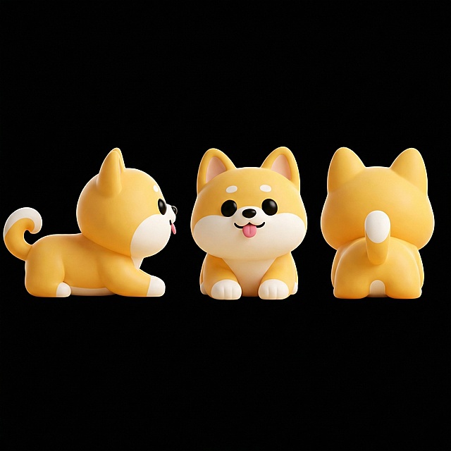 根据图片，画出这只柴犬的正视背视侧视，三视图