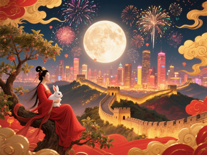 全景构图，近景是嫦娥抱着玉兔坐在玉桂树上的侧影，嫦娥身着飘逸的红色长裙，玉兔雪白可爱，玉桂树枝干粗壮，叶片繁茂；中间是蜿蜒雄伟的长城和灯火辉煌的繁华城市建筑，长城如巨龙般盘踞，城市高楼林立，霓虹闪烁；预览效果