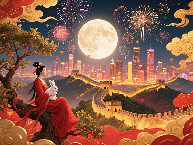 国潮风插画，融合中式感与梦幻感，嫦娥抱兔坐于桂树，背景长城蜿蜒入现代都市，烟花绽放，满月高悬，鎏金云纹点缀，营造浪漫喜庆的中秋夜景。