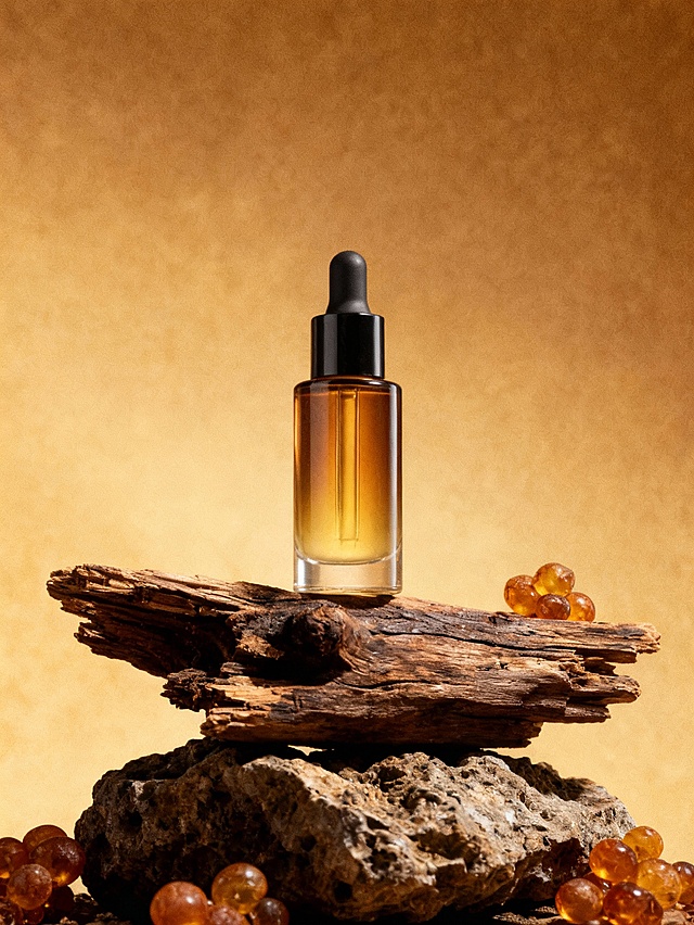 质朴自然肌理与光影交织，木雕风枯木叠岩托起琥珀色精华瓶，轻拟物风果实点缀，营造出优雅文艺的实景感。