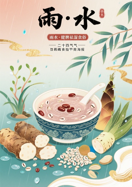 国潮插画风格，二十四节气雨水饮食指南海报，画面主体是薏米红豆粥、山药、春笋等雨水传统养生食物，搭配春雨、萌芽的草木、水珠等雨水节气元素，顶部有文字"雨水·健脾祛湿食俗"，整体色调温润柔和，传统国风配色预览效果