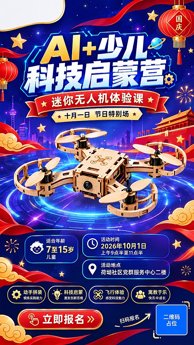 竖版少儿科技启蒙营活动海报，木质拼装DIY无人机主题，十月一日节日特别场。画面中央是木质拼装风格的迷你无人机，手工质感。左上角留出空白区域用于放置标识。整体配色：深蓝紫科技底色搭配红色与金黄色节日装饰元素，五角星、灯笼、祥云点缀。文字信息：主标题AI+少儿科技启蒙营，副标题迷你无人机体验课，适合年龄7至15岁儿童，活动时间2026年10月1日上午9点半至11点半，活动地点荷坳社区党群服务中心二楼，底部立即报名按钮及四个亮点标签。右下角有二维码区域，纯色方块占位标注二维码占位文字，旁有扫码报名引导。版式精美，文字清晰，科技感与节日氛围结合。