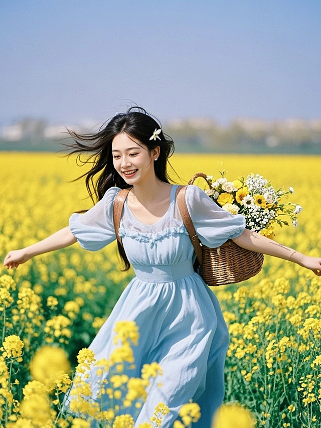 一个女生，在油菜花花海里奔跑，穿着浅蓝色长裙，背着花篮，春日气息，文艺