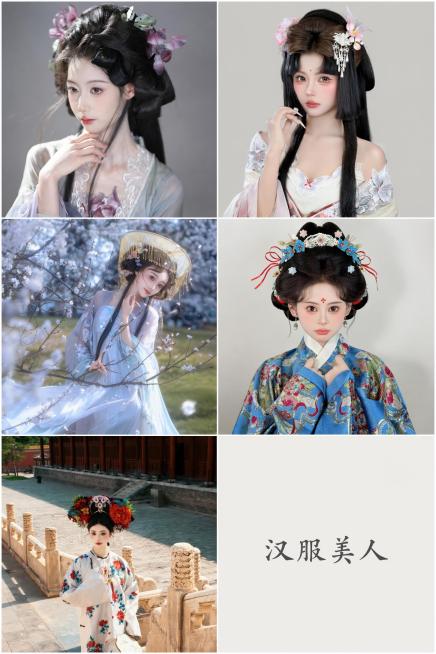将提供的5张汉服美人图image1到image5，合成一张三行两列的拼接图，右下角区域添加不超过五个字的描述词“汉服美人”，保持每张图片清晰不变，排版整齐。预览效果