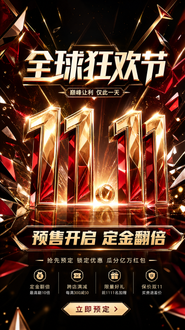 双十一购物节海报，采用红黑金配色，画面中央放置醒目"11.11"大字，海报上方写有"全球狂欢节"字样，下方写有"预售开启 定金翻倍"字样，整体使用几何碎片和光效进行装饰，高端热闹的电商促销氛围预览效果
