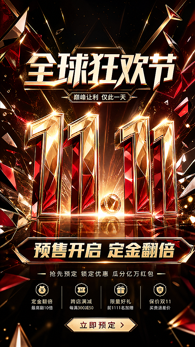 双十一购物节海报，采用红黑金配色，画面中央放置醒目"11.11"大字，海报上方写有"全球狂欢节"字样，下方写有"预售开启 定金翻倍"字样，整体使用几何碎片和光效进行装饰，高端热闹的电商促销氛围
