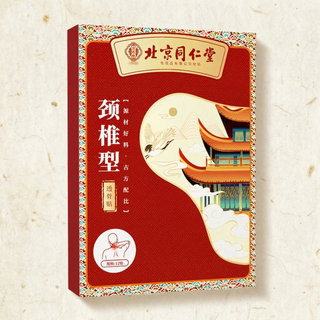 北京同仁堂颈椎型透骨贴产品展示图，将产品放在传统中式宣纸纹理背景中预览效果