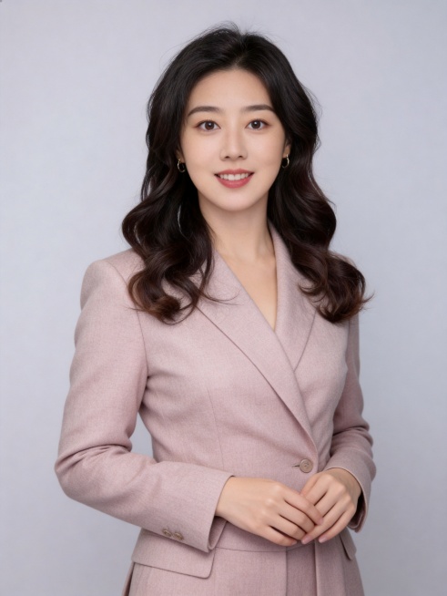 参考图中保留人物脸型、发型、年龄等特征生成职场形象照，保持人物不变，更换为灰粉色精纺羊毛混纺西装外套，西裤同色，更换全新不同手势和姿势，调整手指位置，保留耳环，简约微微暖调浅灰色纯色背景，画质超高分辨预览效果