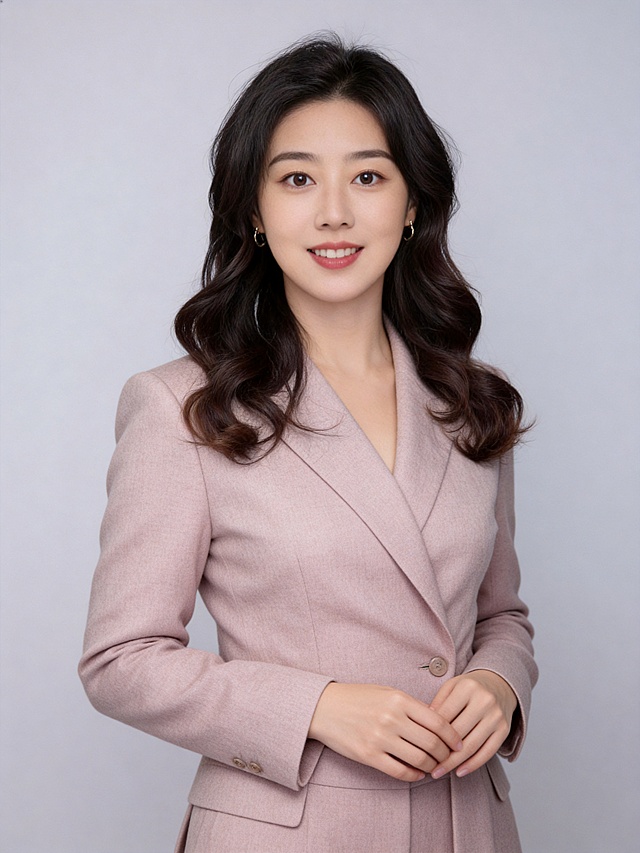 参考图中保留人物脸型、发型、年龄等特征生成职场形象照，保持人物不变，更换为灰粉色精纺羊毛混纺西装外套，西裤同色，更换全新不同手势和姿势，调整手指位置，保留耳环，简约微微暖调浅灰色纯色背景，画质超高分辨率、细节清晰，现代精致感风格；肤质精细化处理；眼神直视镜头，目光坚定且澄澈，表情自然，嘴角上扬；肤色均匀，柔光美白细腻陶瓷肌肤，哑光肤质，肤色均匀提亮；杰作，最佳画质，超高细节，写实摄影，中近景人像，皮肤细腻通透，白皙清透皮肤，柔光，正面补光，画面干净清新，高清皮肤细节；面部光比1:1.5，4800K中性光，微微修饰脸型，肤质哑光细腻，面部雾面柔光，轻透裸肌感，真实毛孔纹理；分辨率4K，严格保留原人物特征