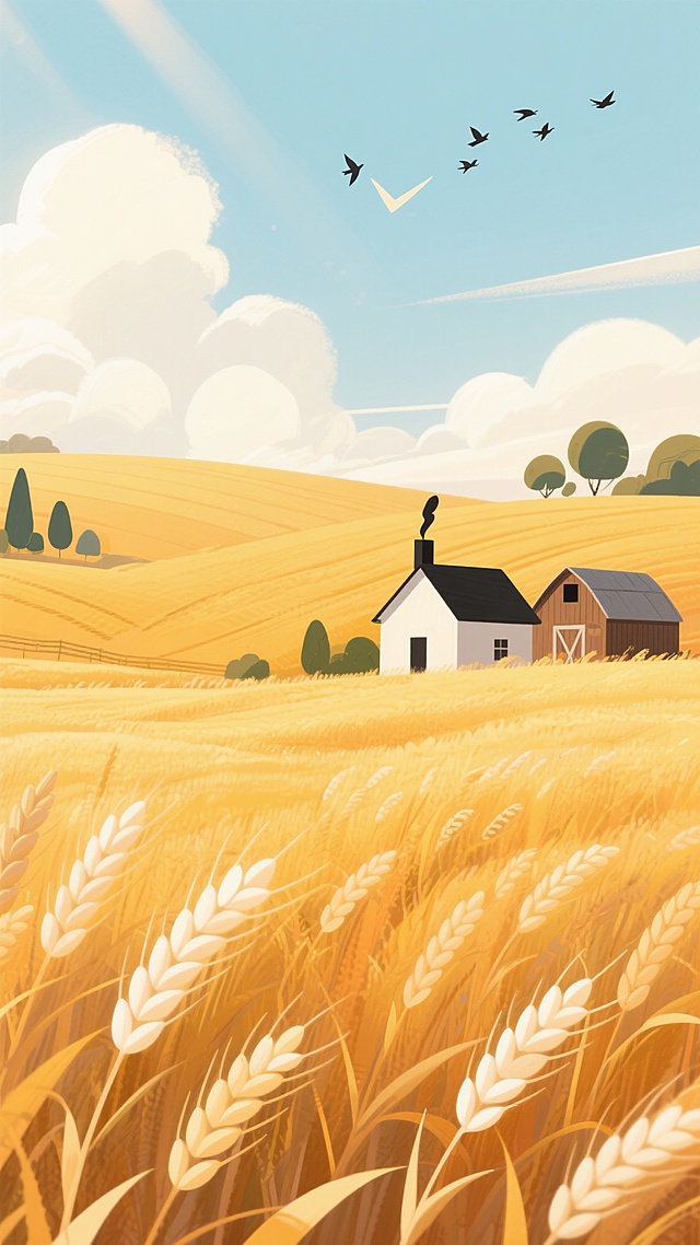 温暖明亮的插画风格，以金黄色和橙黄色为主色调的麦田场景，柔和的阳光从云层间洒落，光线均匀，阴影浅淡，近处是随风轻轻摇曳的麦穗，穗尖带有白色高光，质感柔软蓬松，中景是起伏的金黄色麦浪，线条流畅自然，远景有几棵造型简约的深绿色树木点缀，天边是淡蓝色的天空，漂浮着几朵蓬松的白云，一群飞鸟呈V字形掠过天际，画面中央偏右位置有一座带有黑色烟囱的白色小房子和旁边的谷仓，整体构图采用三分法，视觉焦点集中在麦田与小屋的和谐景象上，营造出宁静、丰收、惬意的田园氛围，设计感简洁明快，色彩过渡柔和，充满温馨的秋日气息。