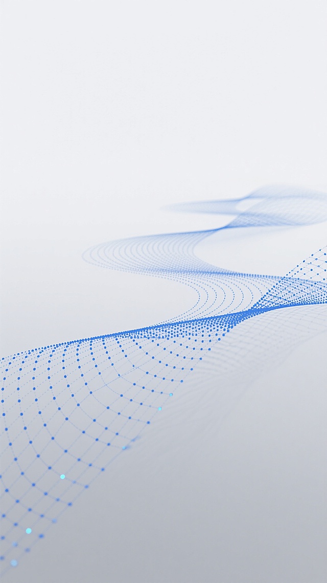 极简风格的抽象背景，由蓝色的点阵和线条构成的波浪状网格图案，从画面底部向上延伸并逐渐变得稀疏，整体呈现出轻盈流动的视觉效果。背景采用纯净的白色渐变，顶部明亮柔和，底部略带灰色调，营造出宁静、科技感与未来感兼具的氛围。网格线条纤细均匀，蓝色纯度适中，点与线的连接自然流畅，形成有节奏的韵律感，画面简洁大方，信息传达清晰直接，具有现代设计感。