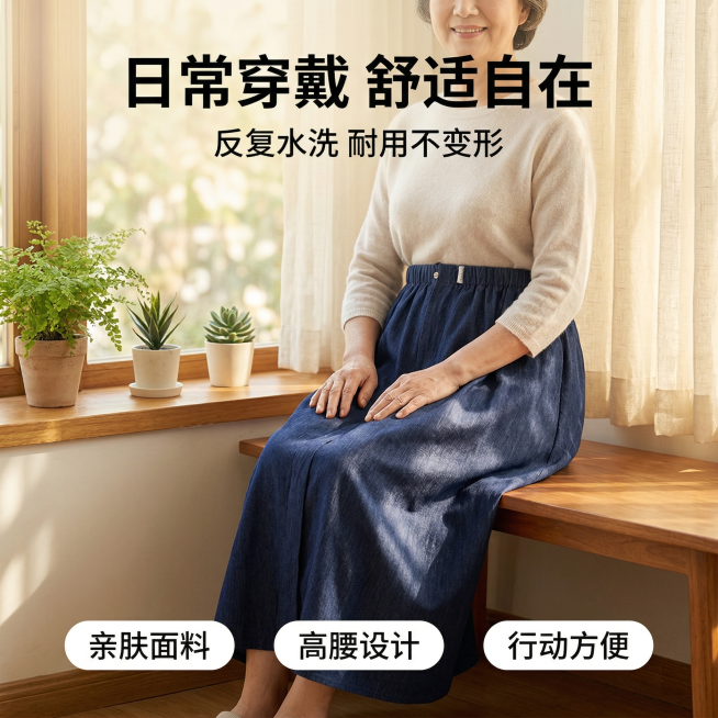 [垫图]用户提供的藏青色老年人防漏隔尿裙
[主图主题]老年人防漏隔尿裙主图2 老奶奶日常护理场景
[氛围/风格]温馨居家风格，阳光漫射，温暖治愈氛围感
[画面元素]藏青色隔尿裙为核心产品，65岁亚洲面预览效果